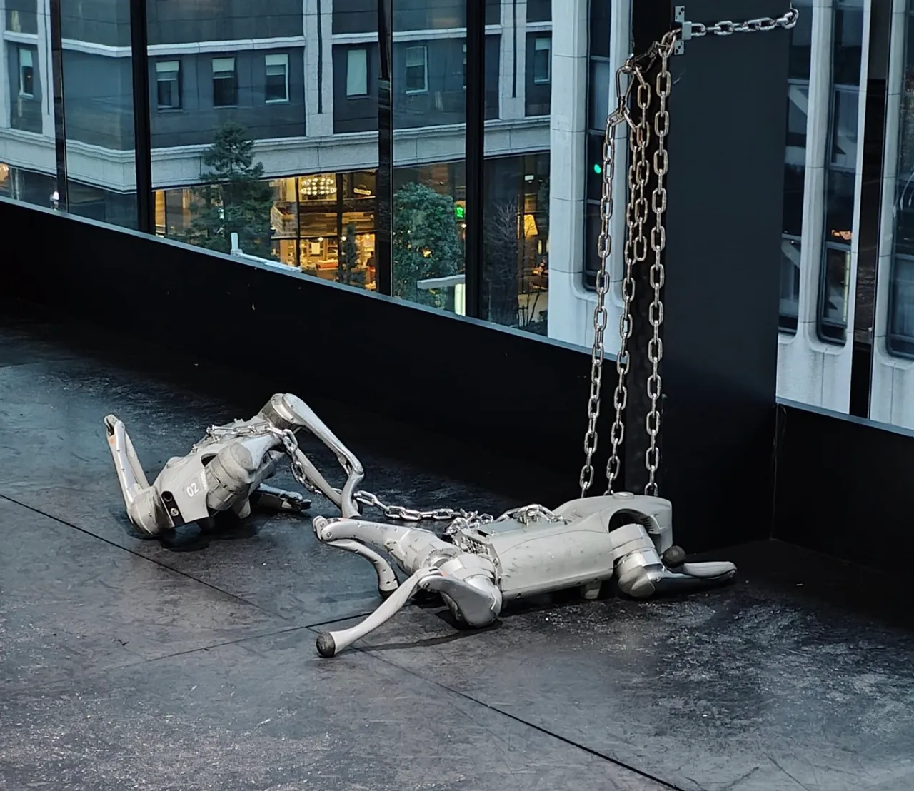 Doi câini roboți din Japonia, legați cu lanțuri și programați pentru a deveni agresivi