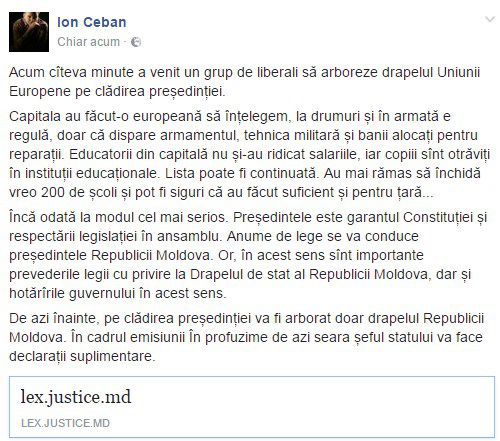 Ion Ceban: De azi înainte, pe clădirea președinției va fi arborat doar drapelul Republicii Moldova