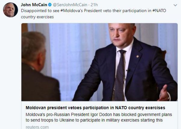 John McCain este dezamăgit de interdicţia lui Dodon de a implica trupele moldoveneşti în exerciţiile militare din Ucraina
