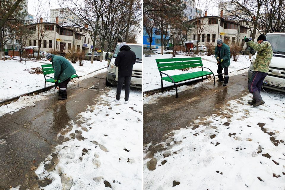 На Ботанике рабочие устанавливали и красили скамейки, несмотря на непогоду