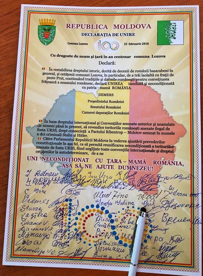 Comuna Lozova, raionul Strășeni, a semnat Declarația de Unire cu România