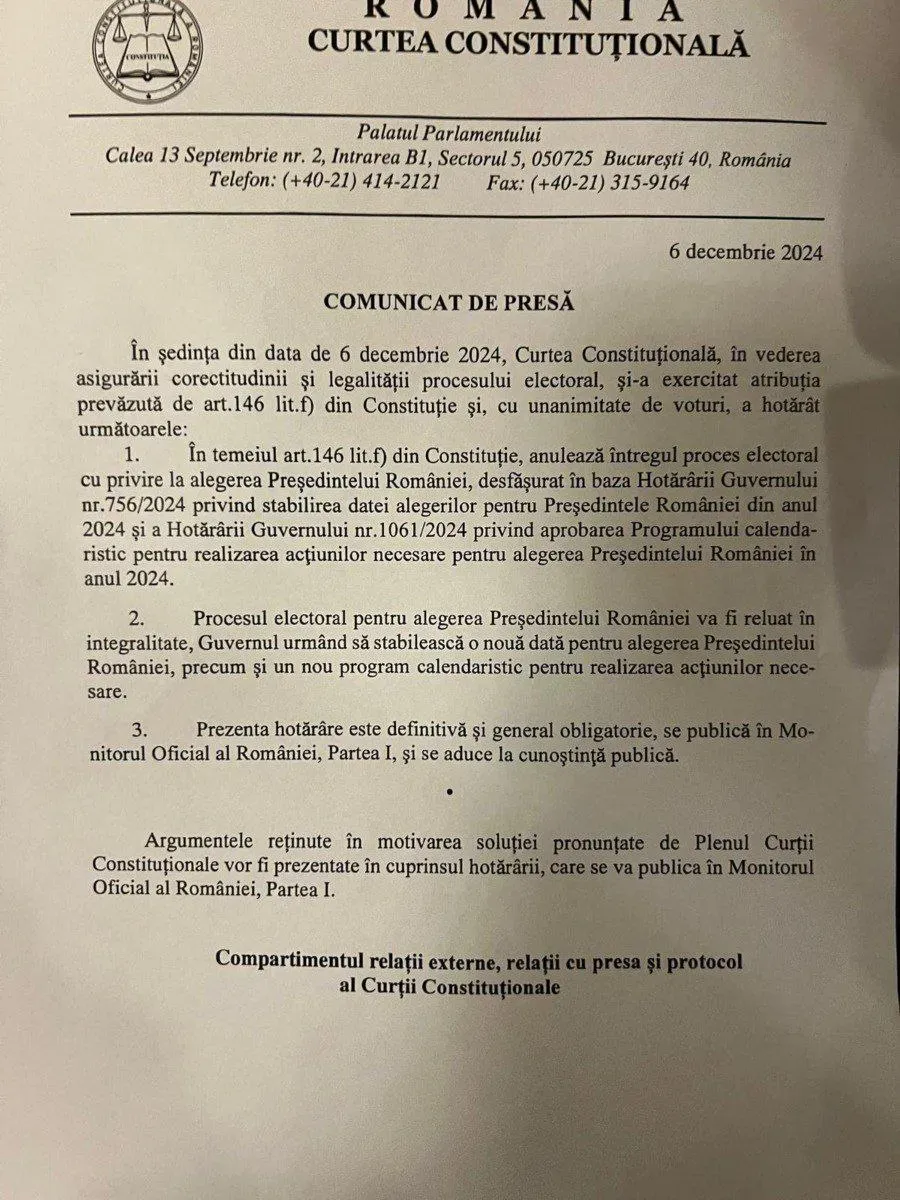 Curtea Constituțională a României a anulat primul tur al alegerilor prezidențiale