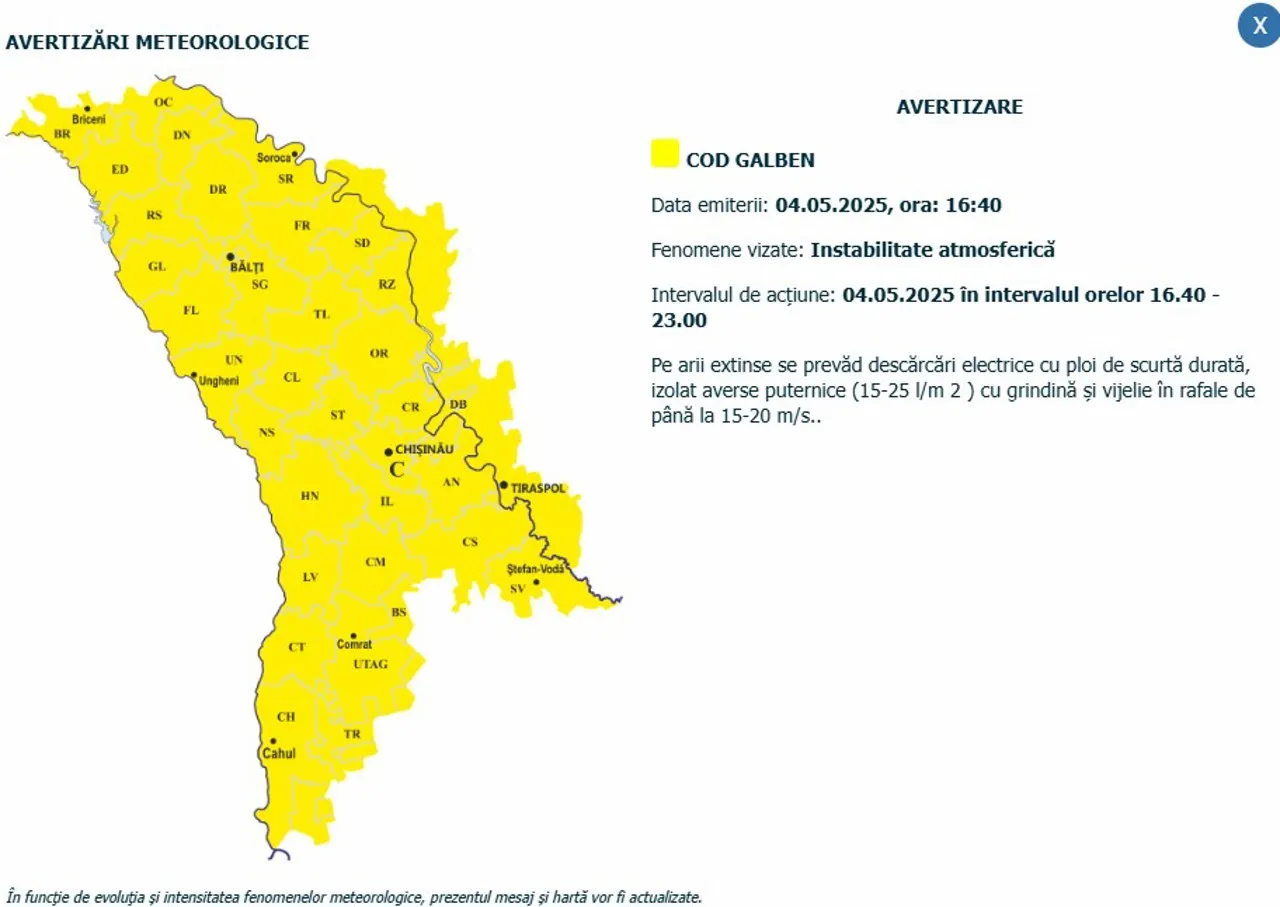 Cod Galben de instabilitate atmosferică: Ploi, grindină și intensificări ale vântului