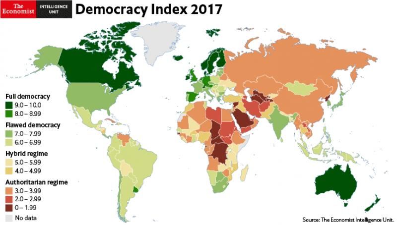 Harta democrației în lume: Moldova, scor mai prost decât Ghana sau Malaysia