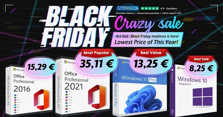 Распродажа Чёрной пятницы 2024: Приобретите пожизненный Microsoft Office от 15€ и Windows 11 от 10€ на Godeal24