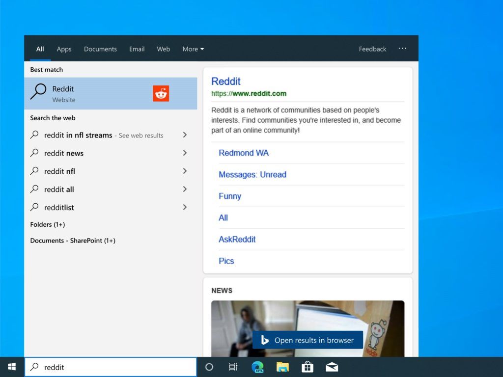 Поисковая панель Windows 10 стала полноценным мини-браузером