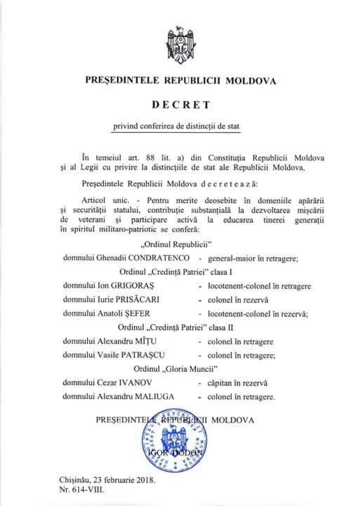 Distincții cu ocazia zilei de 23 februarie. Dodon organizează un concert cu participarea lui Marșal și „Golubîe beretî”