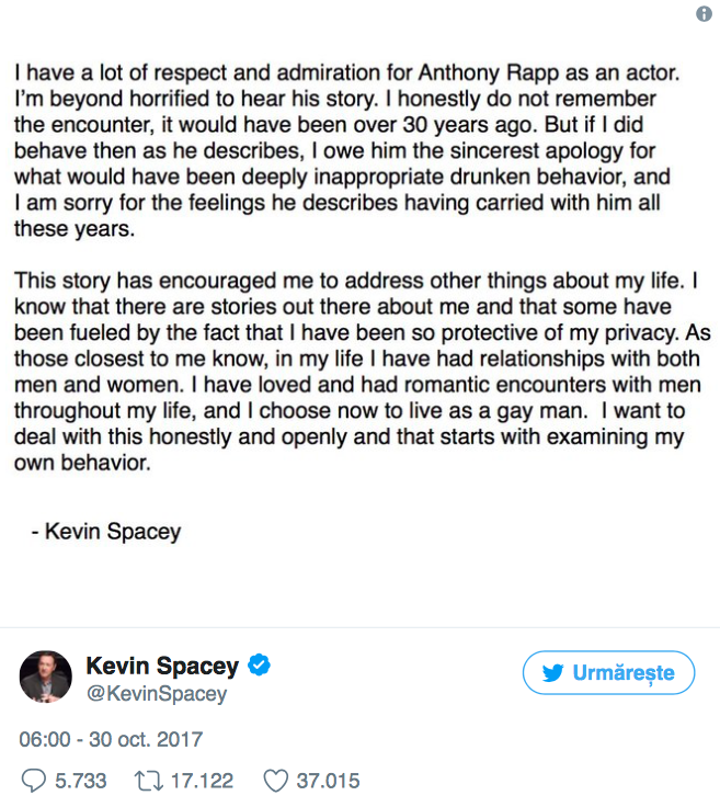 Kevin Spacey mărturiseşte că este homosexual, după ce a fost acuzat că i-a făcut avansuri actorului Anthony Rapp