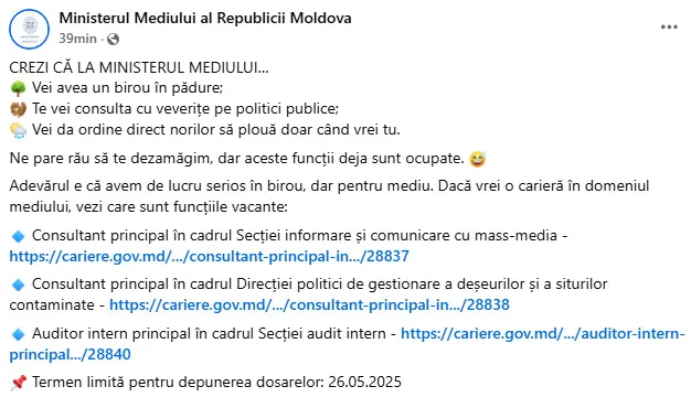 Ministerul Mediului a anunțat cu o doză de umor despre trei posturi vacante