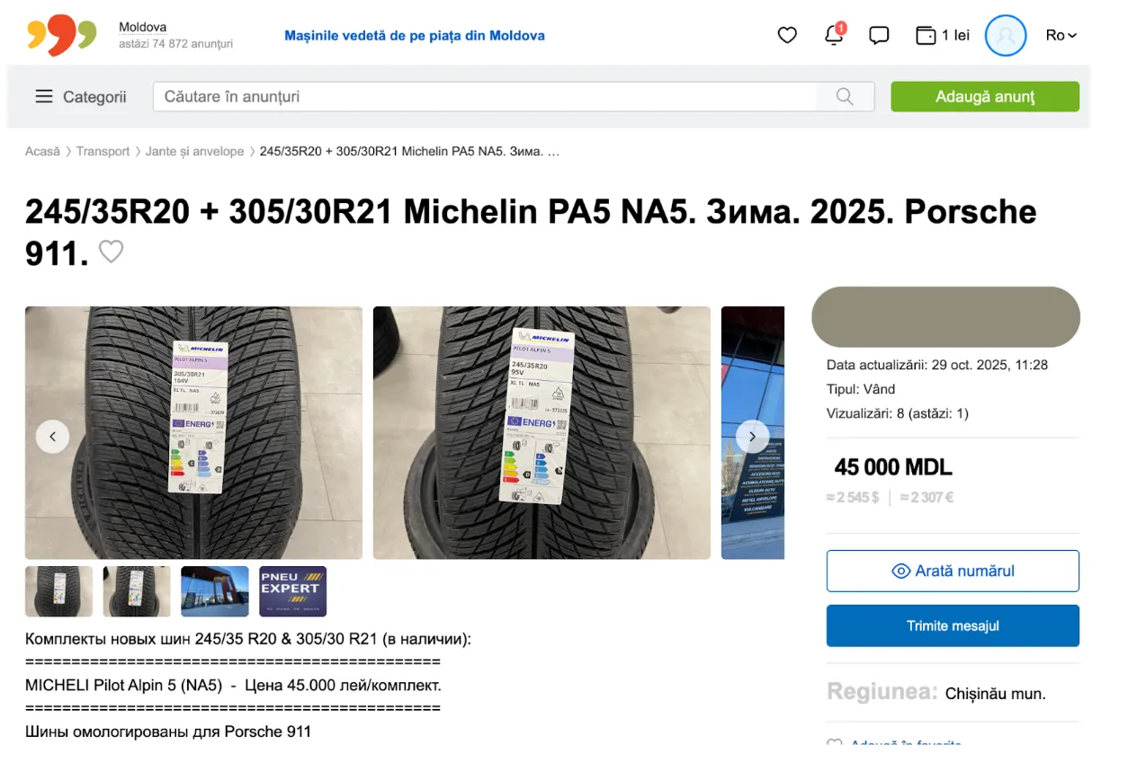 Cele mai scumpe anvelope din Moldova: 45.000 de lei pentru un set