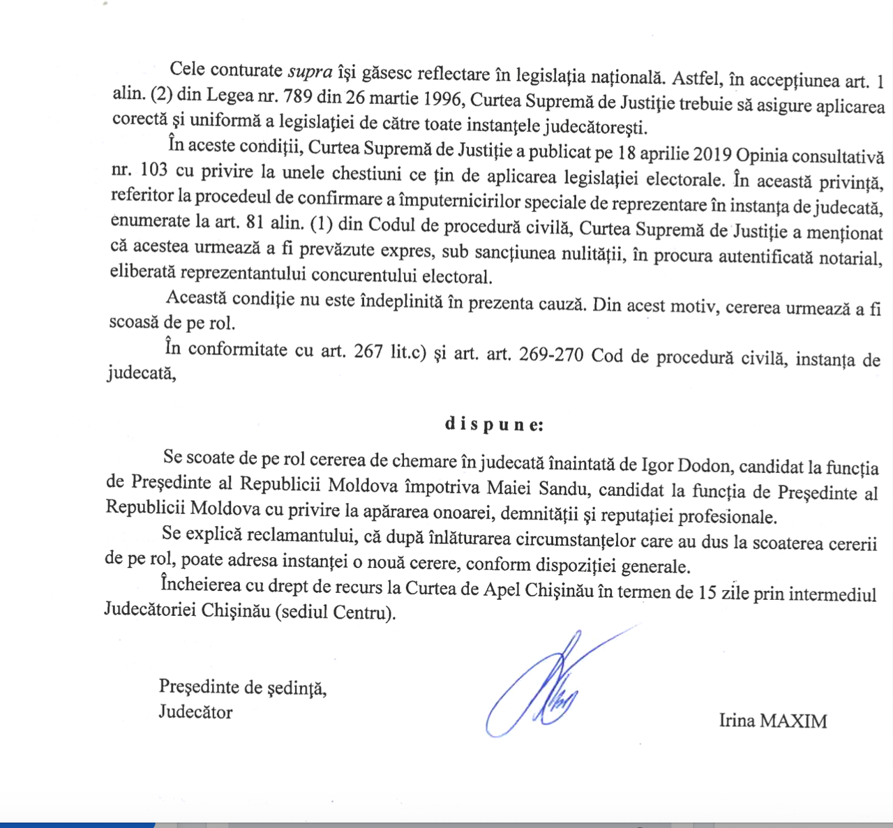 Суд снял с рассмотрения иск Додона к Майе Санду о защите чести и достоинства
