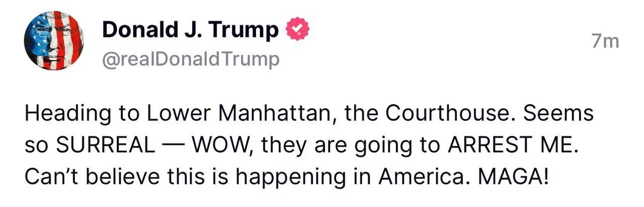 Дональд Трамп перед арестом опубликовал пост в своей соцсети TruthSocial