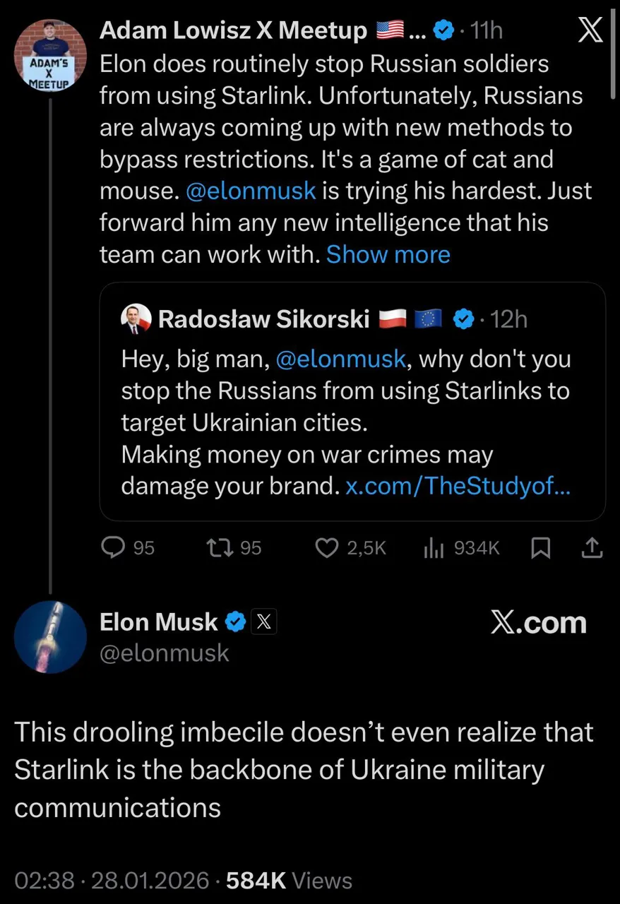 Маск назвал Сикорского "имбецилом" после его слов о применении Starlink армией РФ