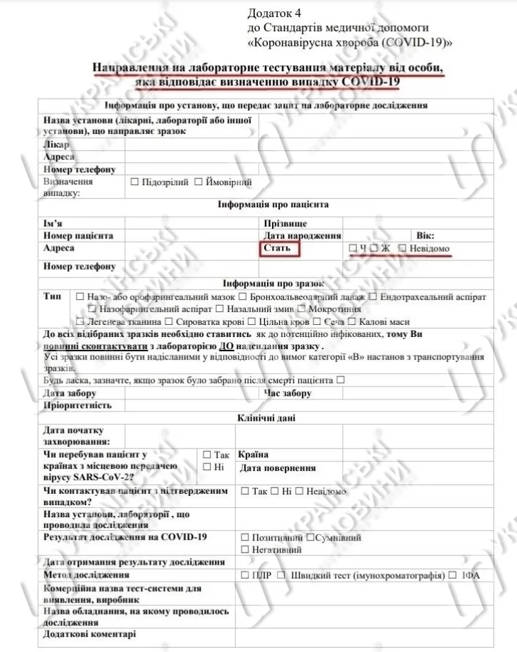 Минздрав Украины ввел "неизвестный пол" в бланк тестирования на COVID-19