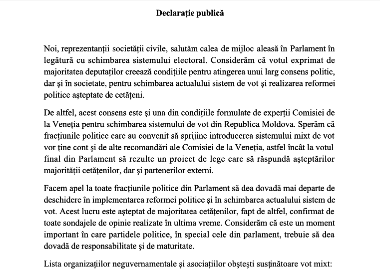 Peste 50 de ONG-uri au semnat o declarație prin care salută compromisul larg privind schimbarea sistemului electoral