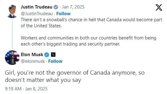 Musk l-a numit pe Trudeau „fată” și a ironizat cuvintele acestuia despre suveranitatea Canadei
