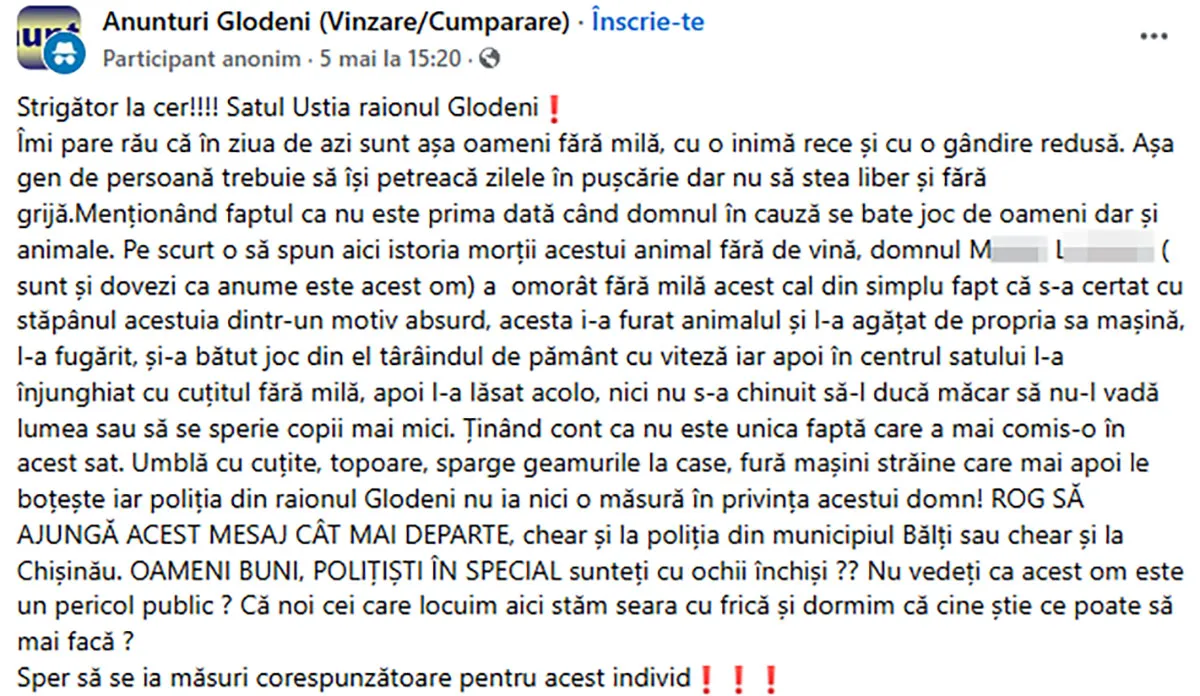 Un bărbat din Glodeni ar fi ucis cu cruzime calul vecinului după o ceartă
