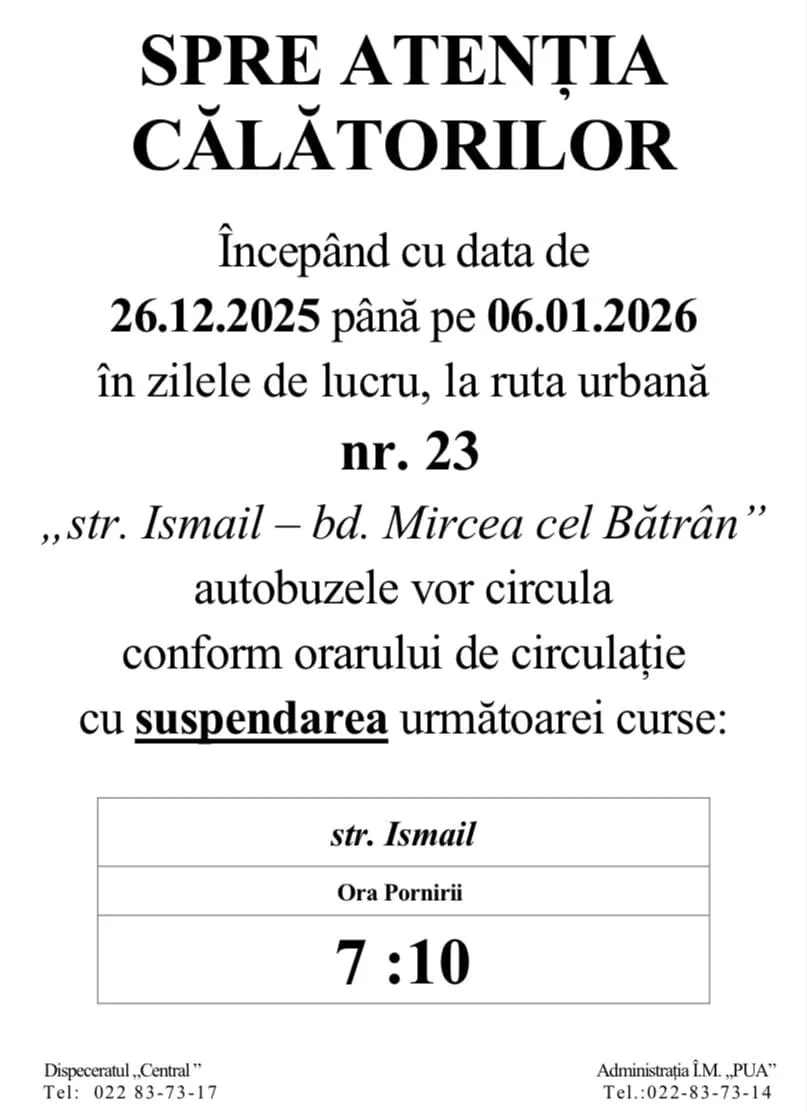 Orarul mai multor rute de autobuz va fi modificat în perioada vacanței de iarnă a elevilor