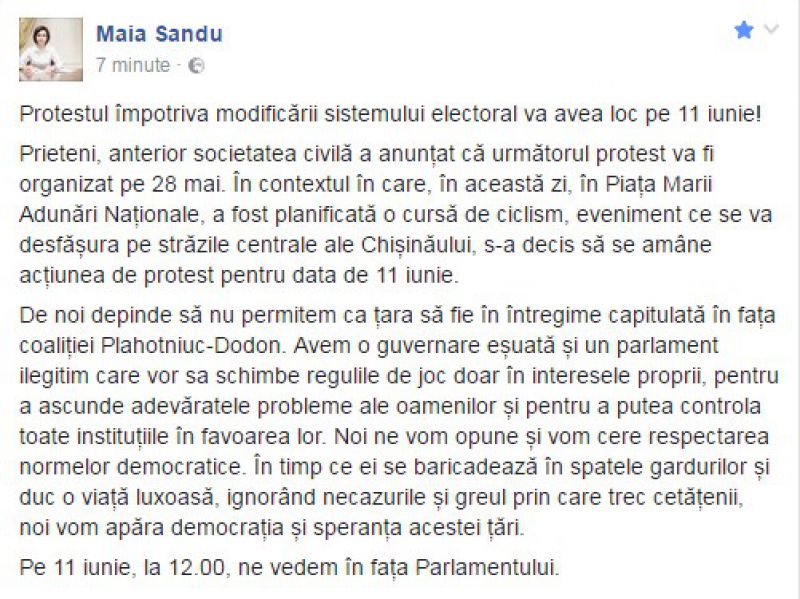 Maia Sandu anunță proteste împotriva modificării sistemului electoral