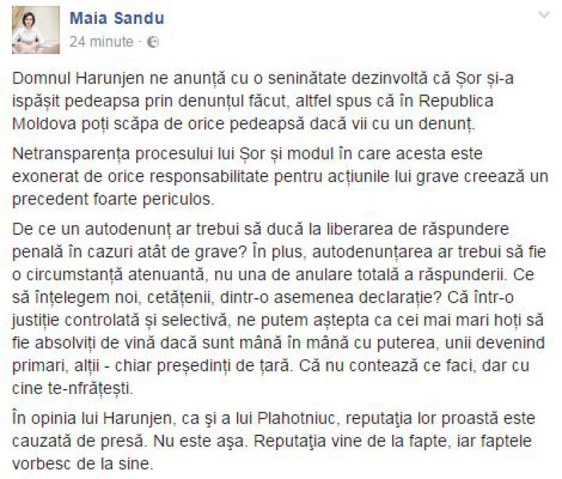 Maia Sandu, a spus ce crede despre absolvirea lui Shor de vină