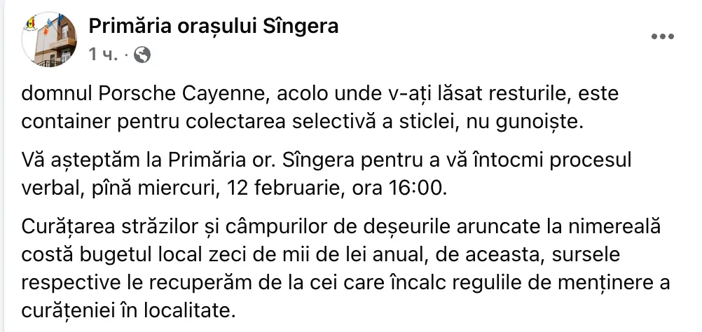 Adresarea Primăriei Sângera pentru șoferul unui Porsche care a aruncat gunoiul la nimereală