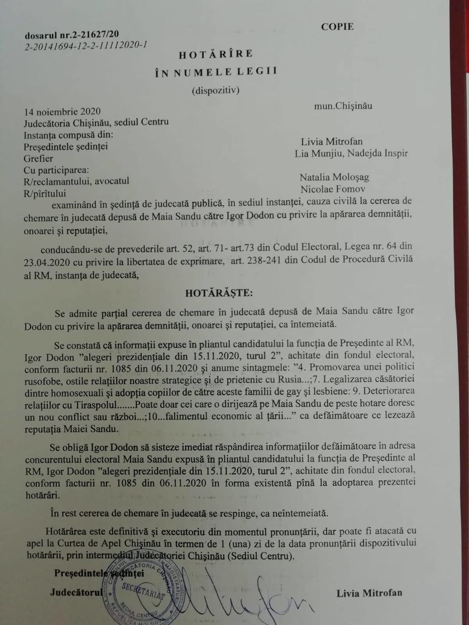 Суд установил, что информация из листовок Додона наносит вред достоинству Санду