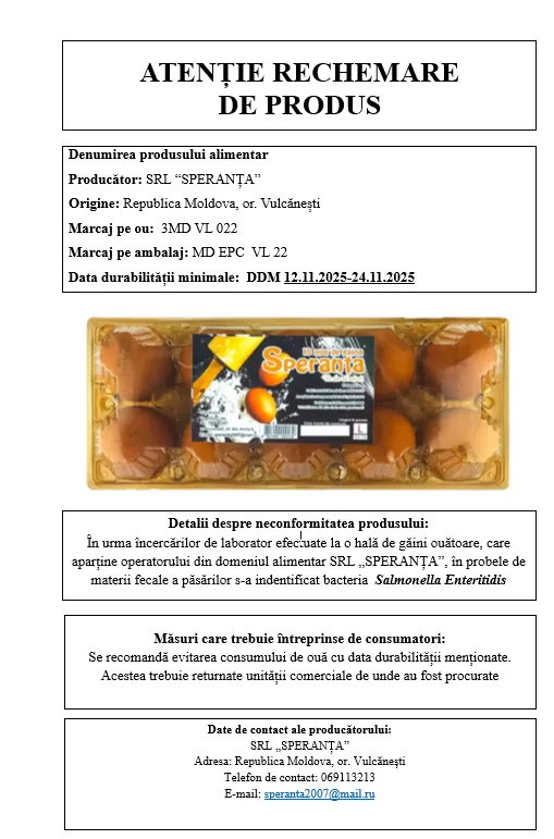 Un lot de ouă de găină, retras de pe piață din cauza contaminării cu salmonella