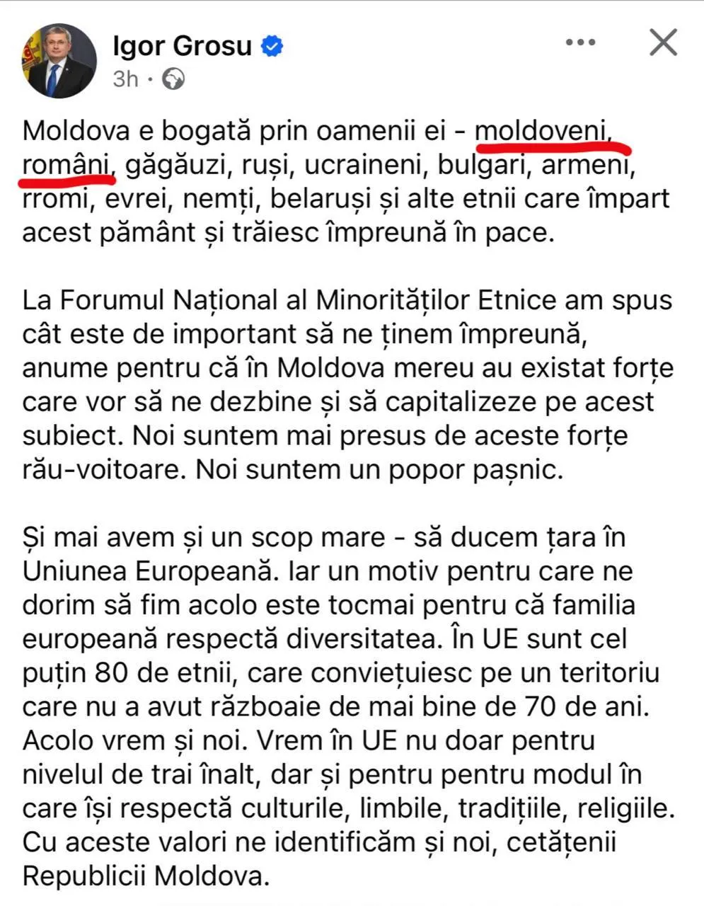 Унионисты раскритиковали Гросу за пост с упоминанием "молдаван" и "румын"