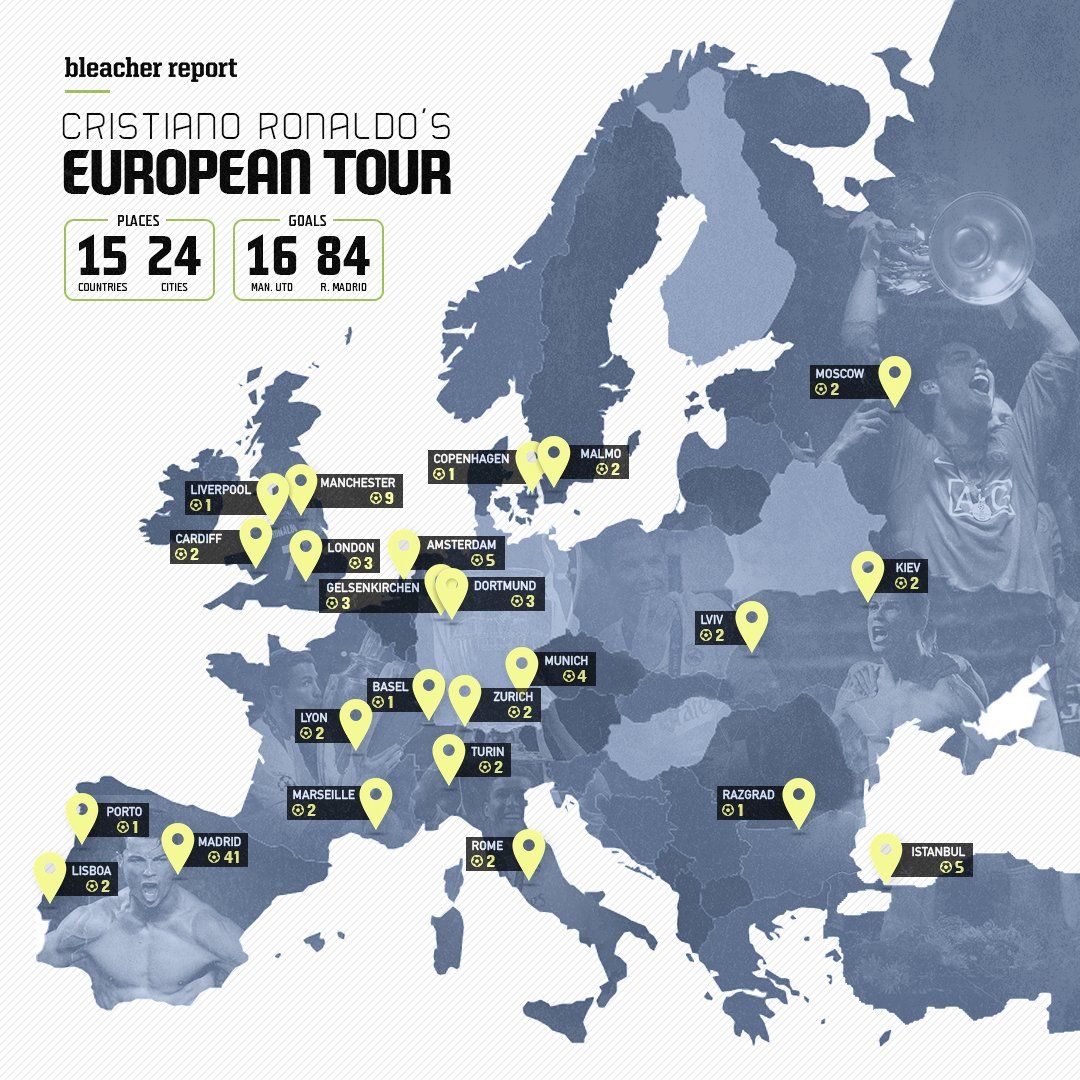 15 ţări, 24 de oraşe. Harta celor 100 de goluri marcate de Cristiano în Europa