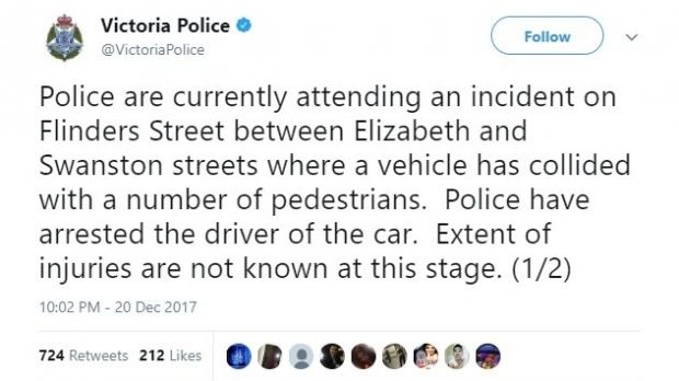Melbourne: O mașină a intrat în pietoni în centrul orașului