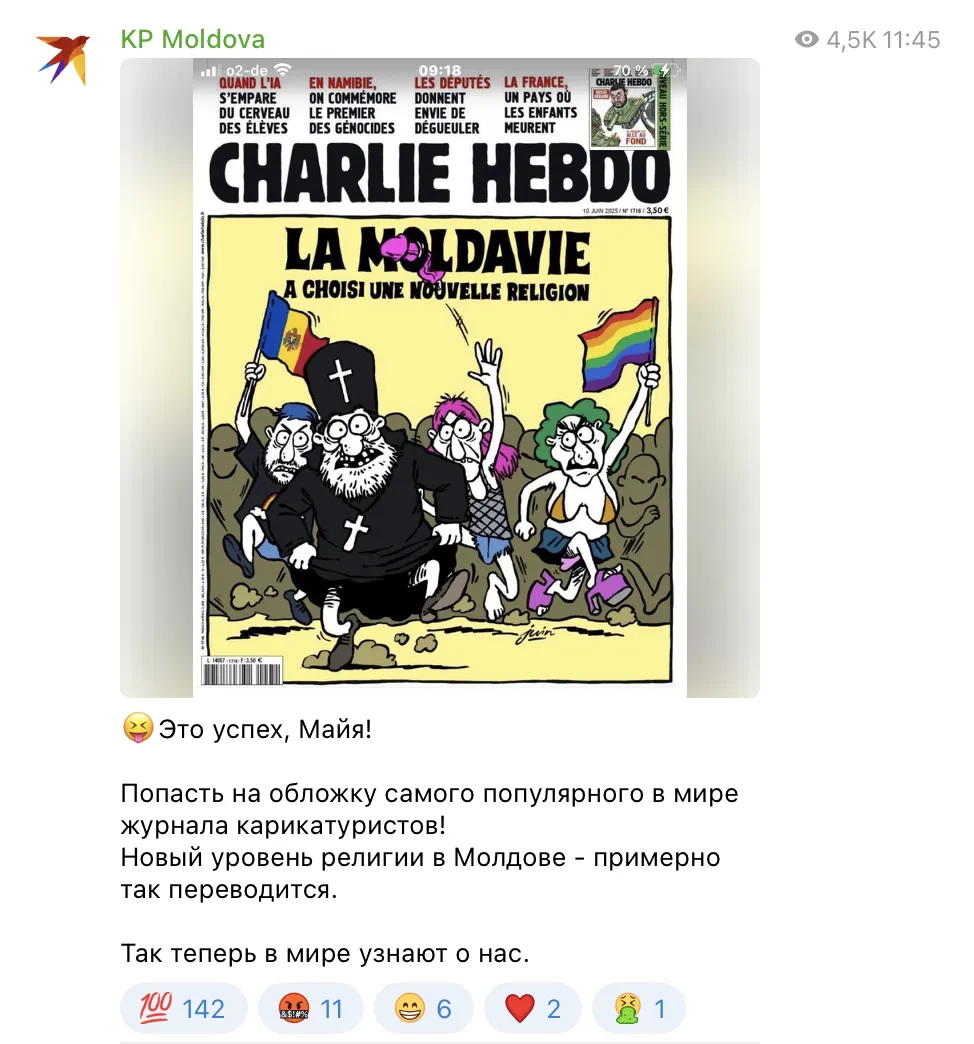Canalele de Telegram din țară răspândesc o copertă falsă a revistei Сharlie Нebdo despre Moldova