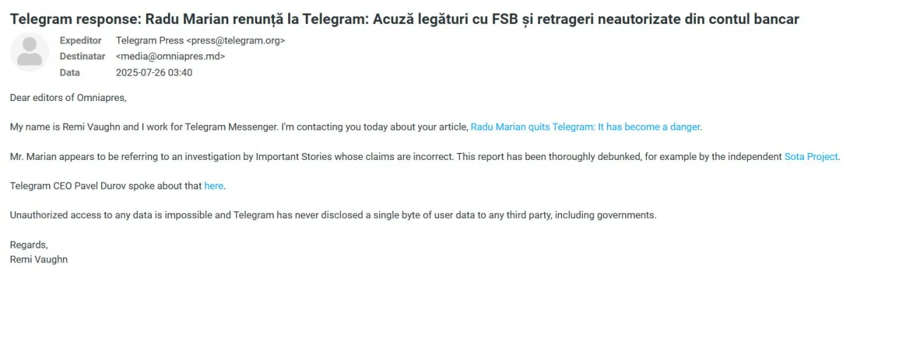 Telegram на обвинения Мариана: Информация о пользователях никогда не раскрывалась
