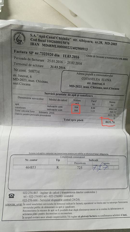 Ошибка работников Apa Canal обернулась для столичной пенсионерки квитанцией почти в 5 тысяч леев