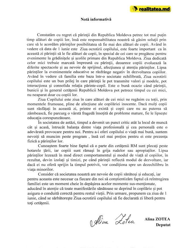 Ziua de 1 iunie ar putea fi declarată zi liberă pentru toți cetățenii Republicii Moldova