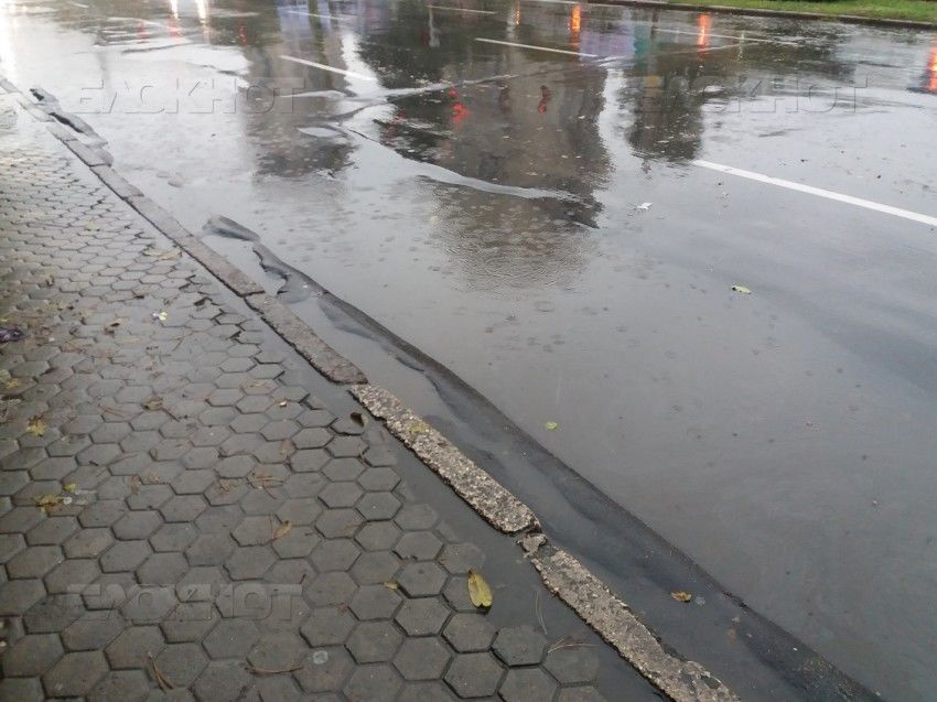 На столичной остановке ливневки не видно из-за "наплывшего" асфальта