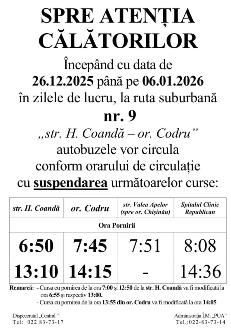 Orarul mai multor rute de autobuz va fi modificat în perioada vacanței de iarnă a elevilor