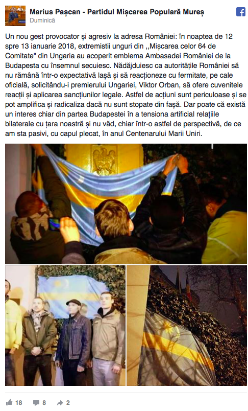 Placa Ambasadei României din Ungaria, acoperită cu steagul Ținutului Secuiesc