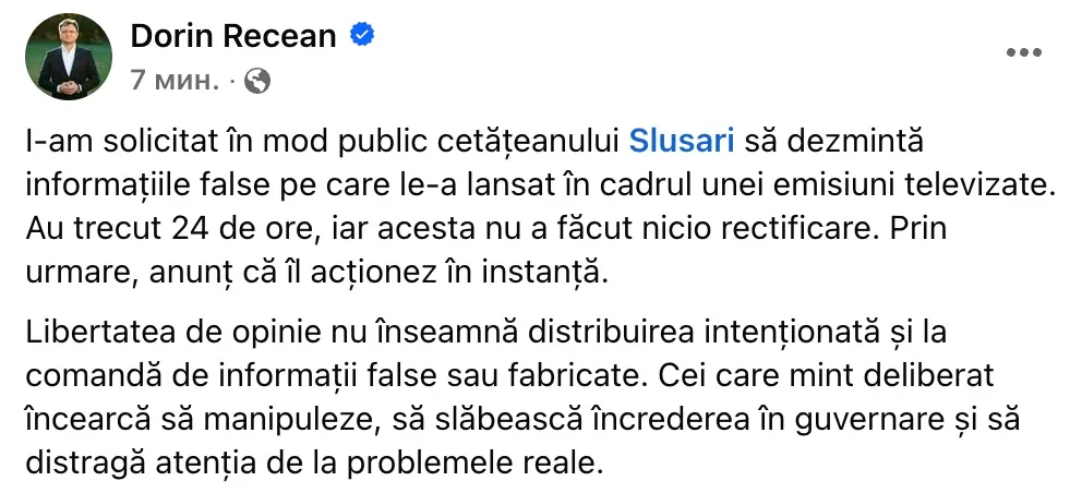 Recean: Îl dau în judecată pe Slusari