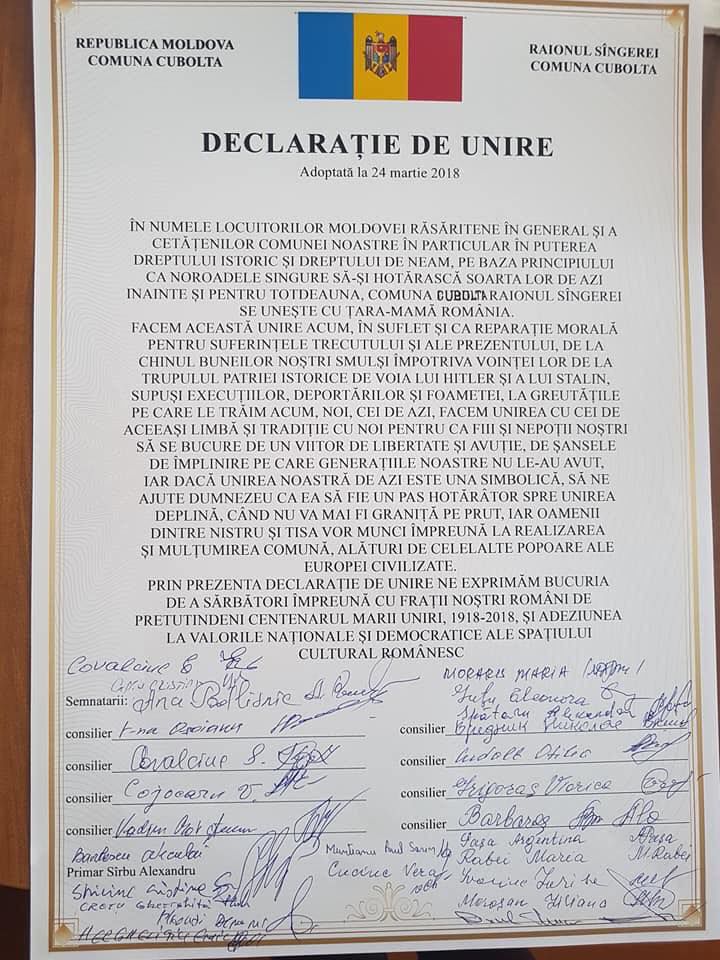 Satul Fundul Galbenei și Cubolta au semnat declarația de Unire
