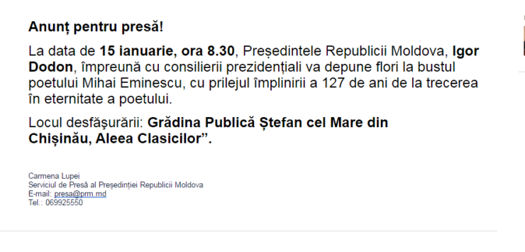 Dodon merge să comemoreze moartea lui Eminescu de ziua nașterii poetului