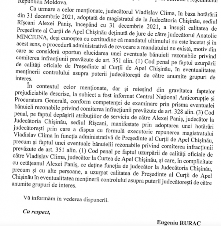 СИБ требует проверки действий судьи, вернувшего Климе должность председателя АП Кишинева