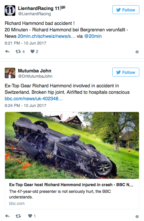Fostul prezentator Top Gear, accident înfiorător în Elveția! Richard Hammond, transportat de urgență la spital