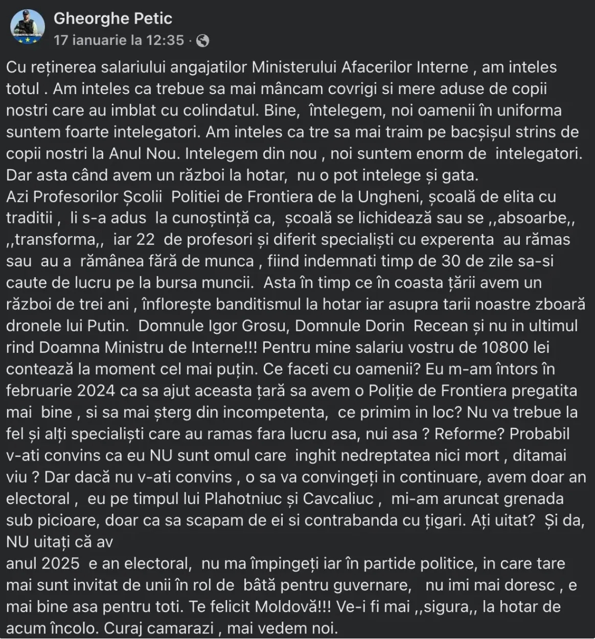 MAI a respins acuzațiile lui Petic privind concedierile în masă
