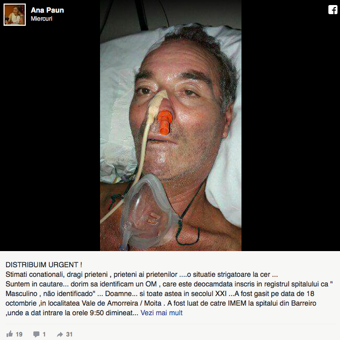 Portugalia: Se caută familia unui moldovean, internat într-un spital. Bărbatul și-a pierdut memoria