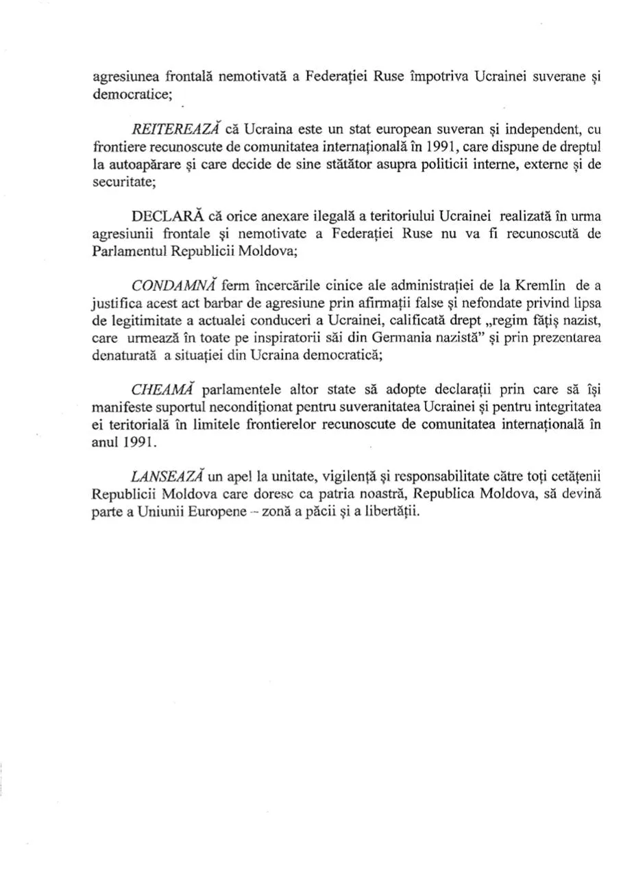 Parlamentul Republicii Moldova a susținut independența și integritatea Ucrainei