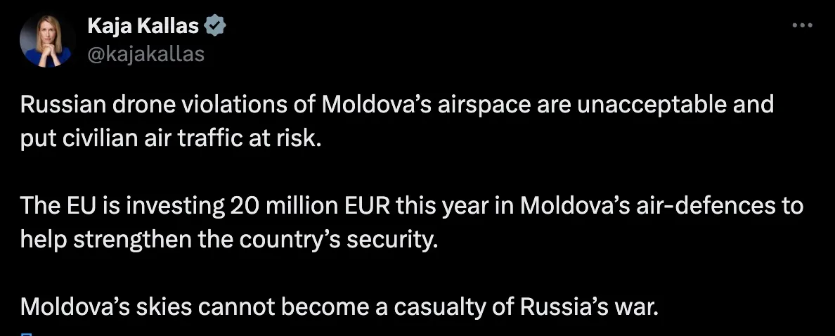 Kallas, despre zborul dronelor deasupra Moldovei: UE va investi 20 milioane de euro în apărarea aeriană a țării