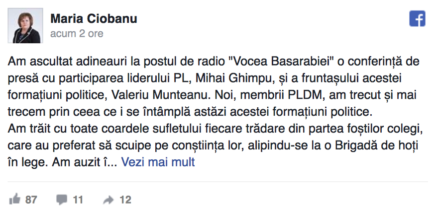 Maria Ciobanu, către Mihai Ghimpu: Există oameni cărora în viață li se întâmplă ceea ce merită. Liderul PL este unul dintre acei oameni