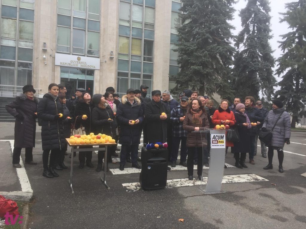 Блок ACUM протестовал у здания Правительства с яблоками и орехами