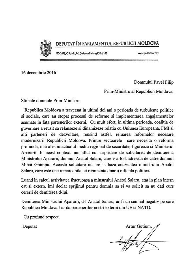 Deputatul PL, Artur Gutium, îi cere lui Filip şi Timofti să nu-l demită pe Şalaru