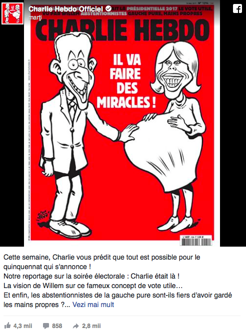 Charlie Hebdo, nouă copertă cu scandal. Cum sunt înfăţişaţi noul preşedinte al Franţei şi soţia sa
